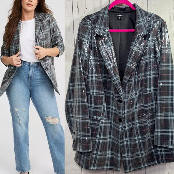 torrid Jackets & Blazers - Torrid Plaid Sequin Blazer Gray Black Chic Glam Plus Size 5X Casual Artsy